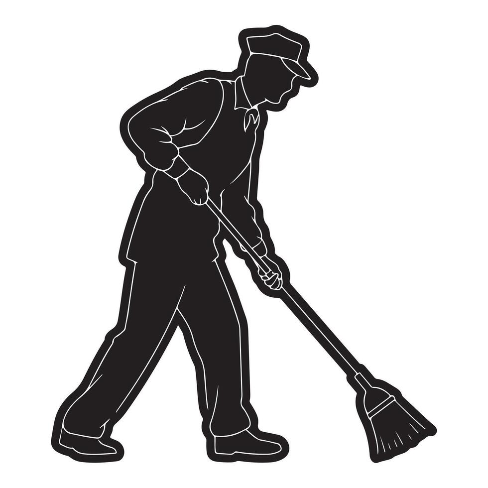 Side View Silhouette of Janitor with Bold Outline vector