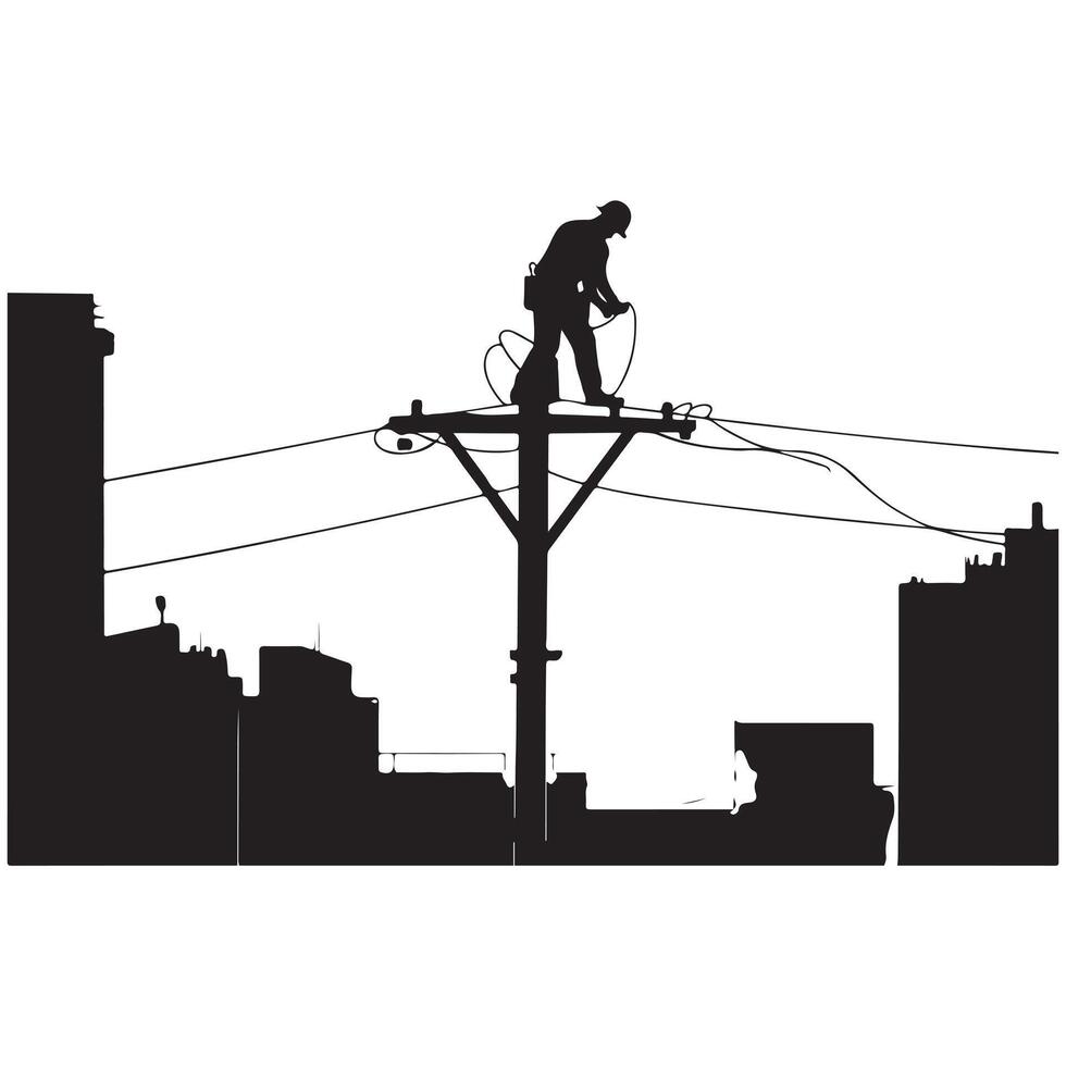 Silhouette of Lineman on City Power Pole in White Sky vector