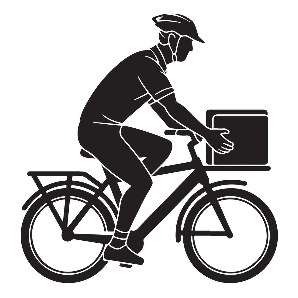 Side View Silhouette of Delivery Person Riding Bicycle with Bold Outline vector