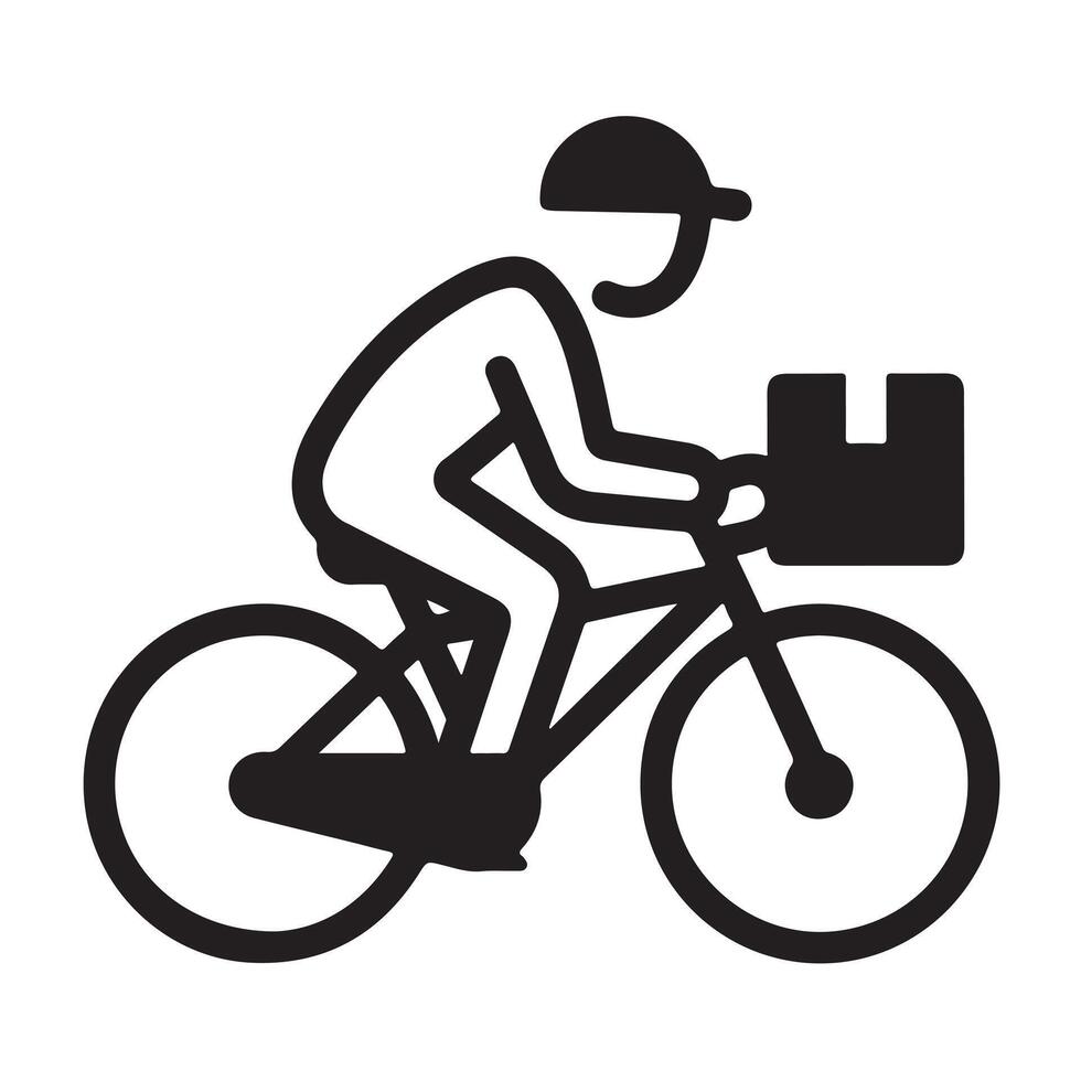 Black Silhouette of Delivery Person on Bicycle with Thick Outline vector