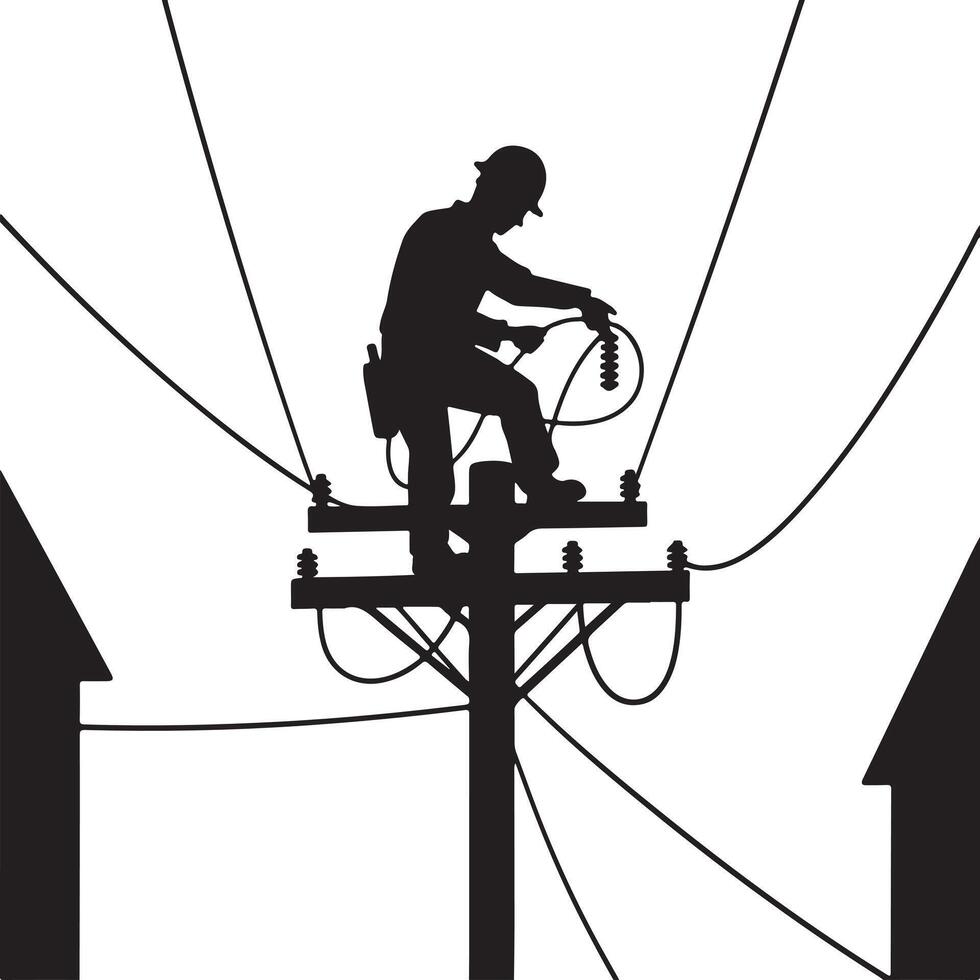 Lineman on Power Pole Silhouette with City Buildings Background vector