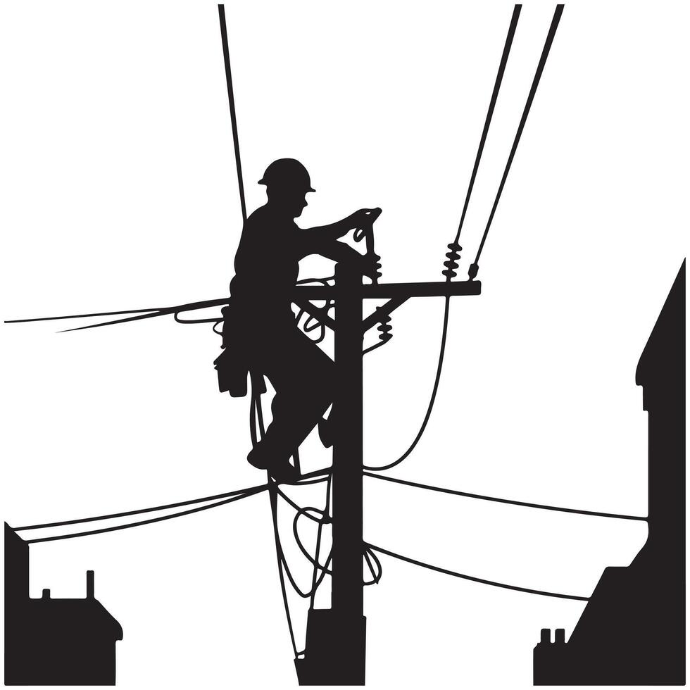 Silhouette of Lineman Working on Power Pole in City vector