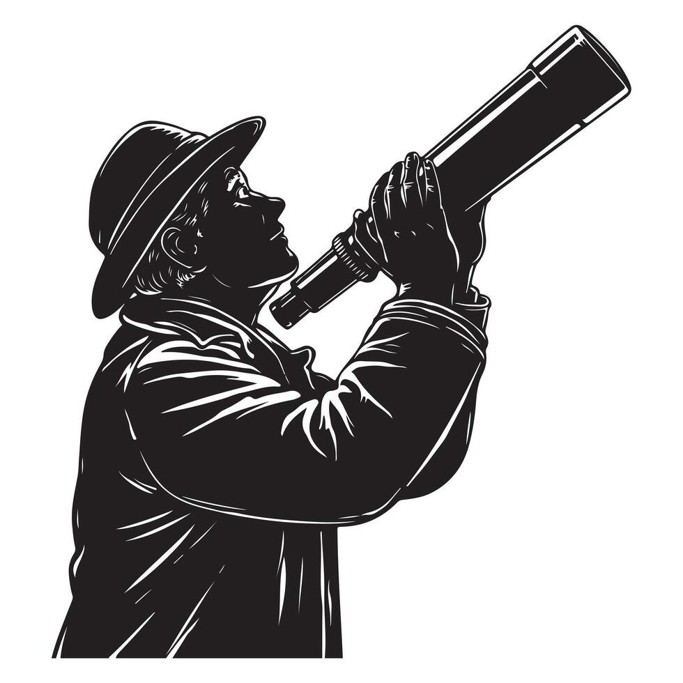 Black Side View Silhouette of Astronomer Watching Sky vector