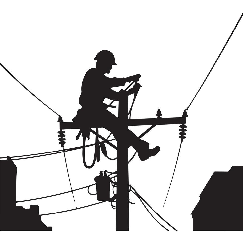 Lineman Silhouette Repairing Power Lines on a City Pole vector