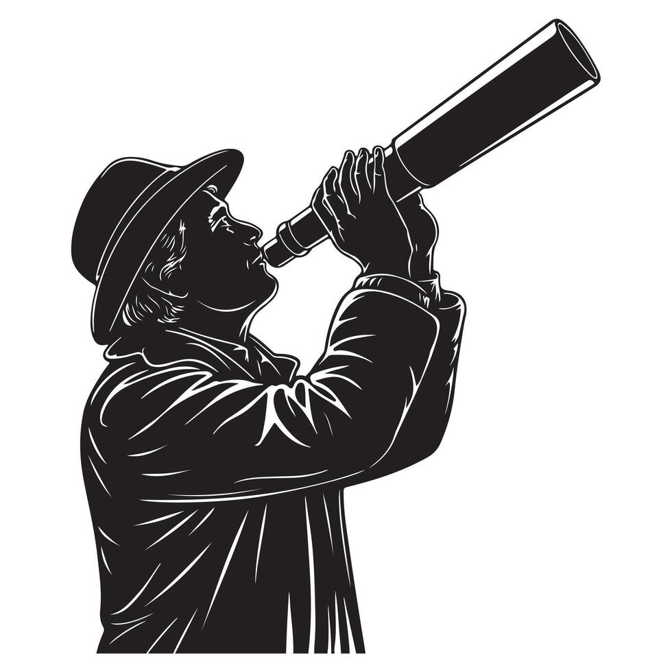 Black Silhouette of Astronomer with Thick Outline on White Background vector