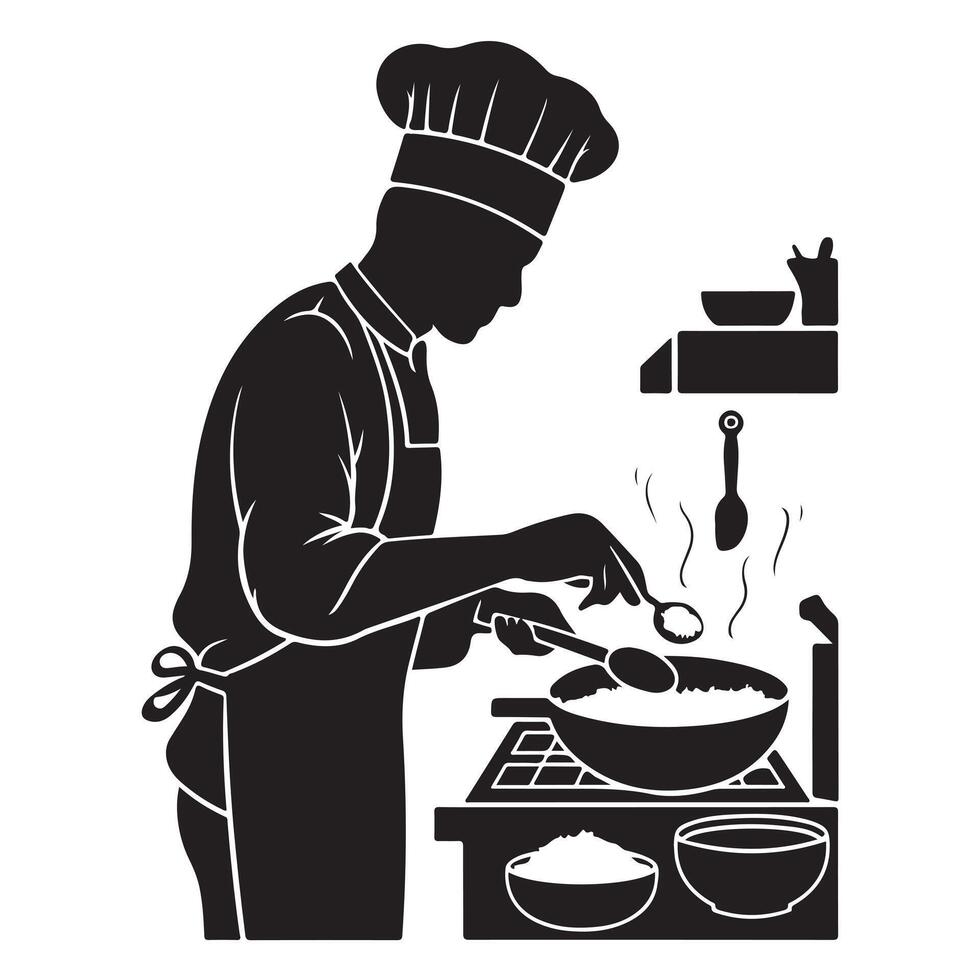Black Silhouette of a Person Cooking on White Background vector