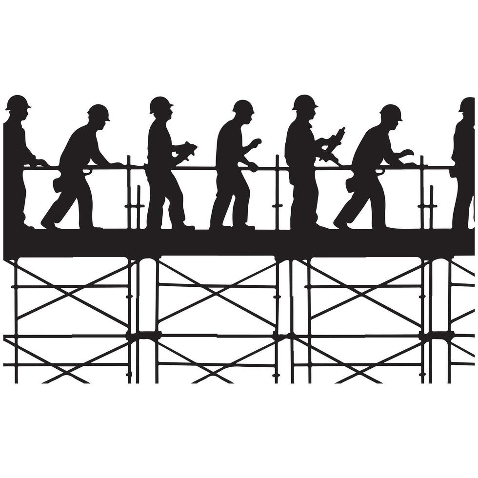 Construction Worker Team Silhouette with Thick Outline on White Background vector