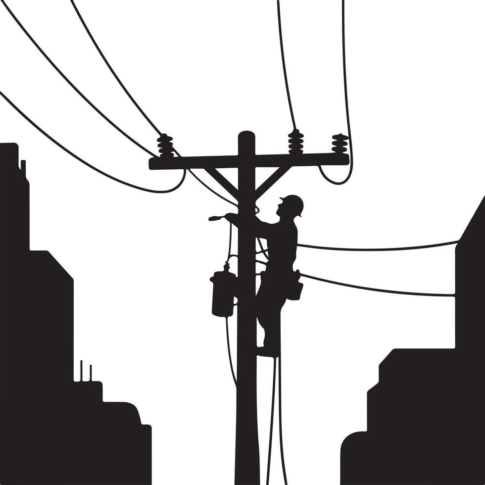 Power Line Technician Working on Power Pole in Urban Setting vector