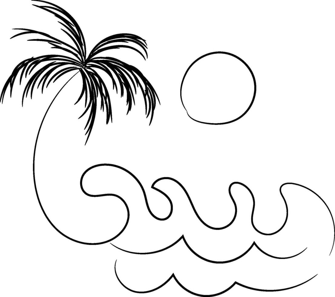 Simple Line Drawing of Palm Tree Ocean Waves and Sun vector