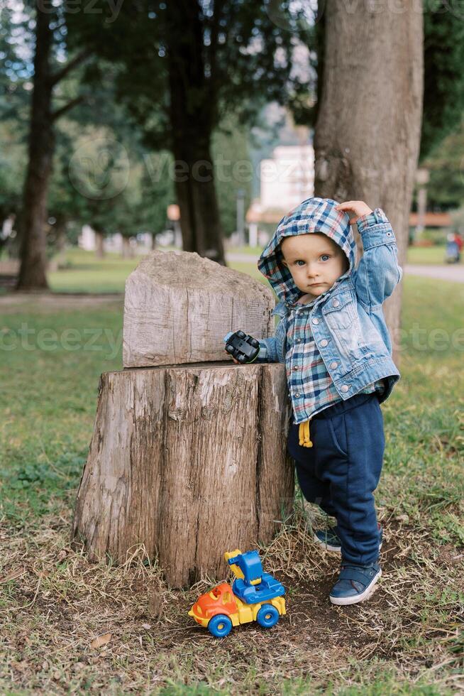 Little boy with a toy car in his hand stands near a stump in the park, adjusting his hood photo
