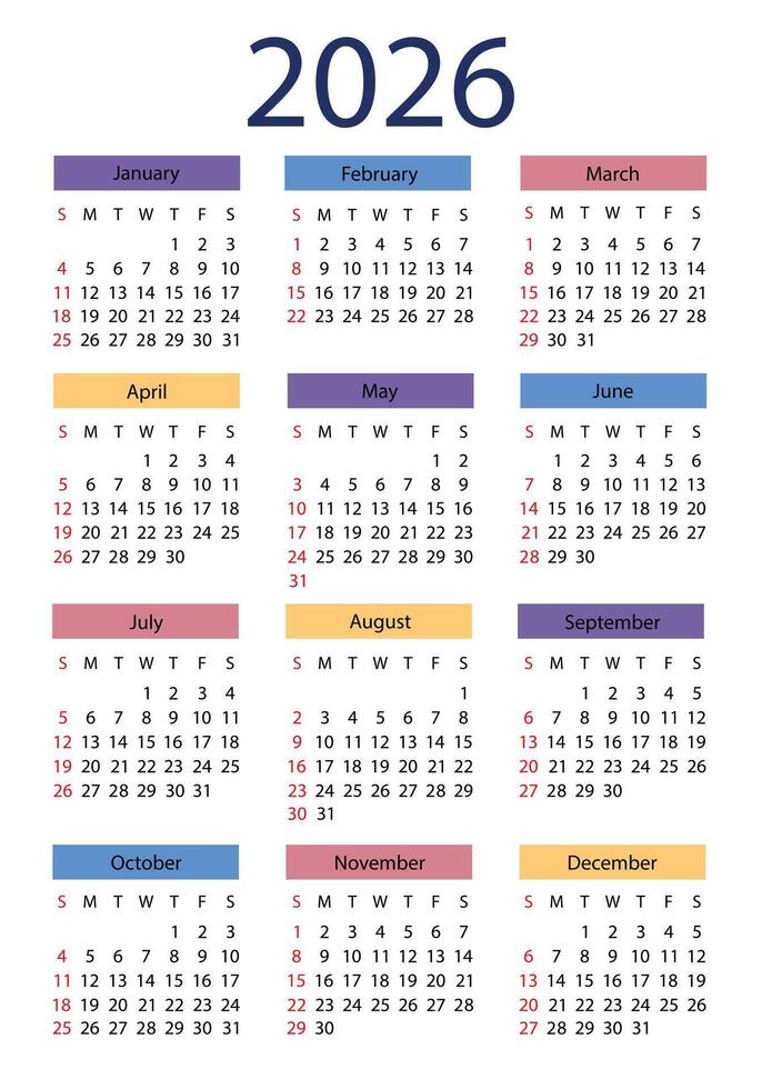 Calendar 2026 English color calendar design. Week starts on Sunday. vector