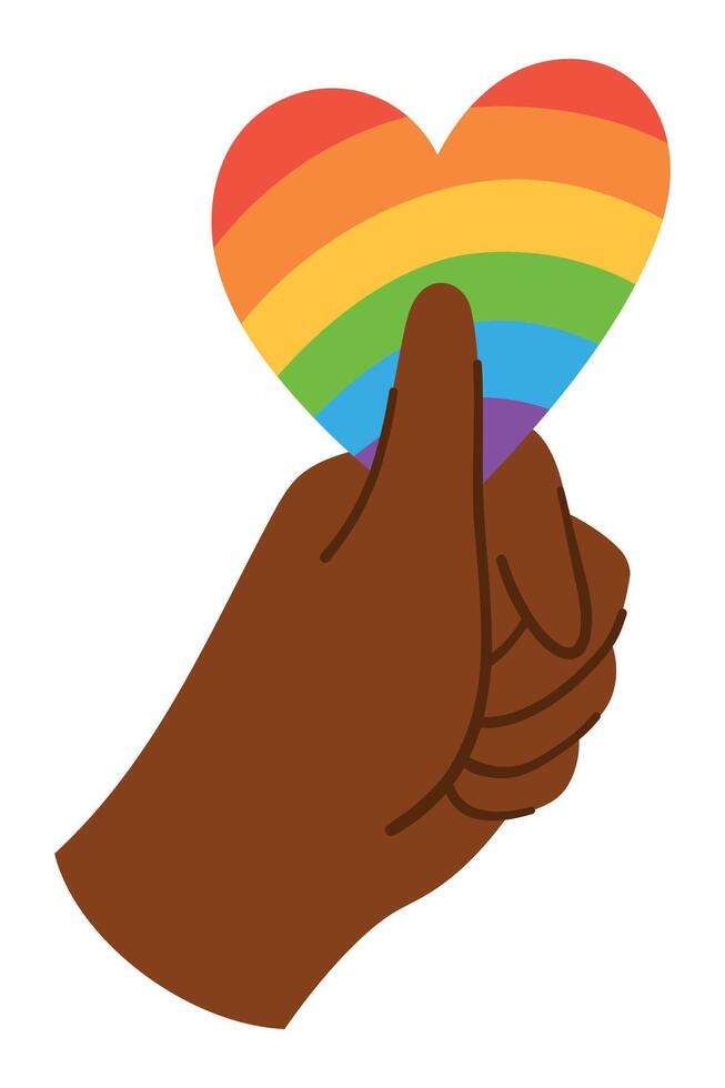 Black Hand Holding Rainbow Heart in It Isolated on White. LGBTQA Pride Symbol Celebrating Love, Inclusion, and Diversity. Colorful Illustration for Pride Month and Equality Themes vector