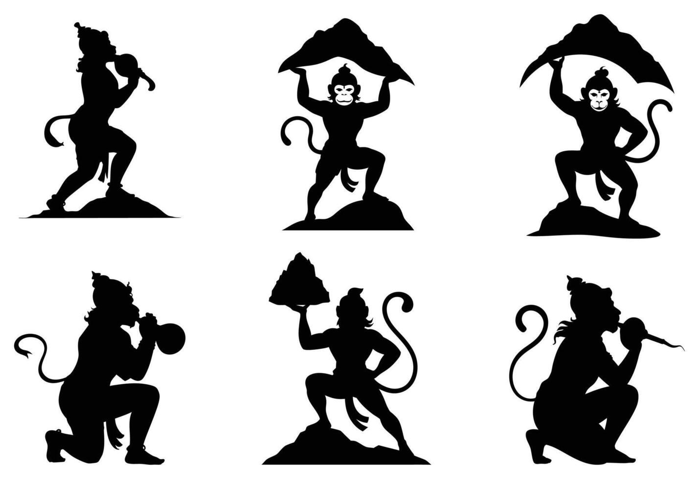 Hanuman Silhouette , Icon Set, Black Mythological Hindu God Illustrations Holding Mountain, Mace, and Performing Heroic Poses for Religious and Cultural Art Projects vector