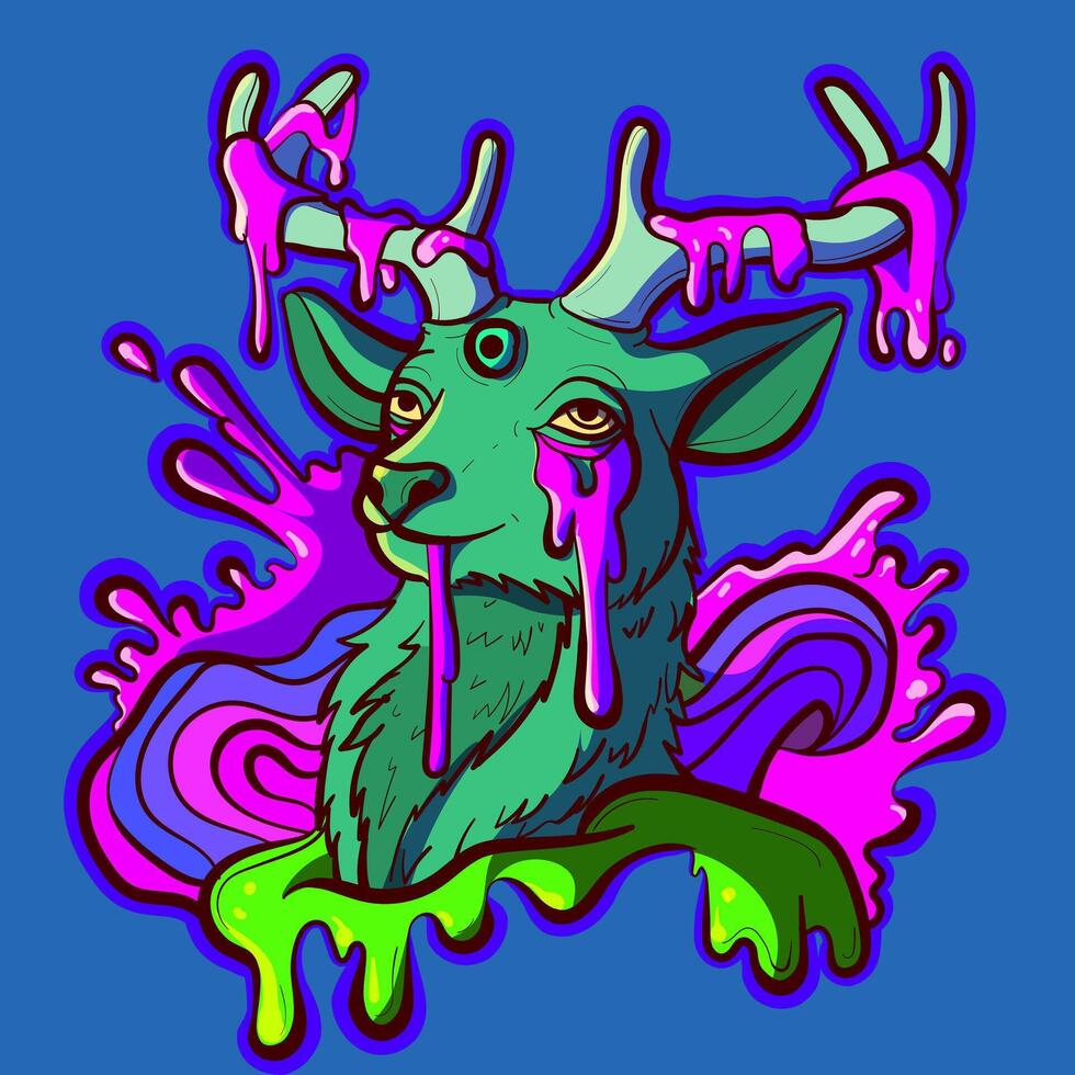 Acid psychedelic deer head surrounded by sticky pink slime. Proud and trippy reindeer with dripping goo on the horns vector