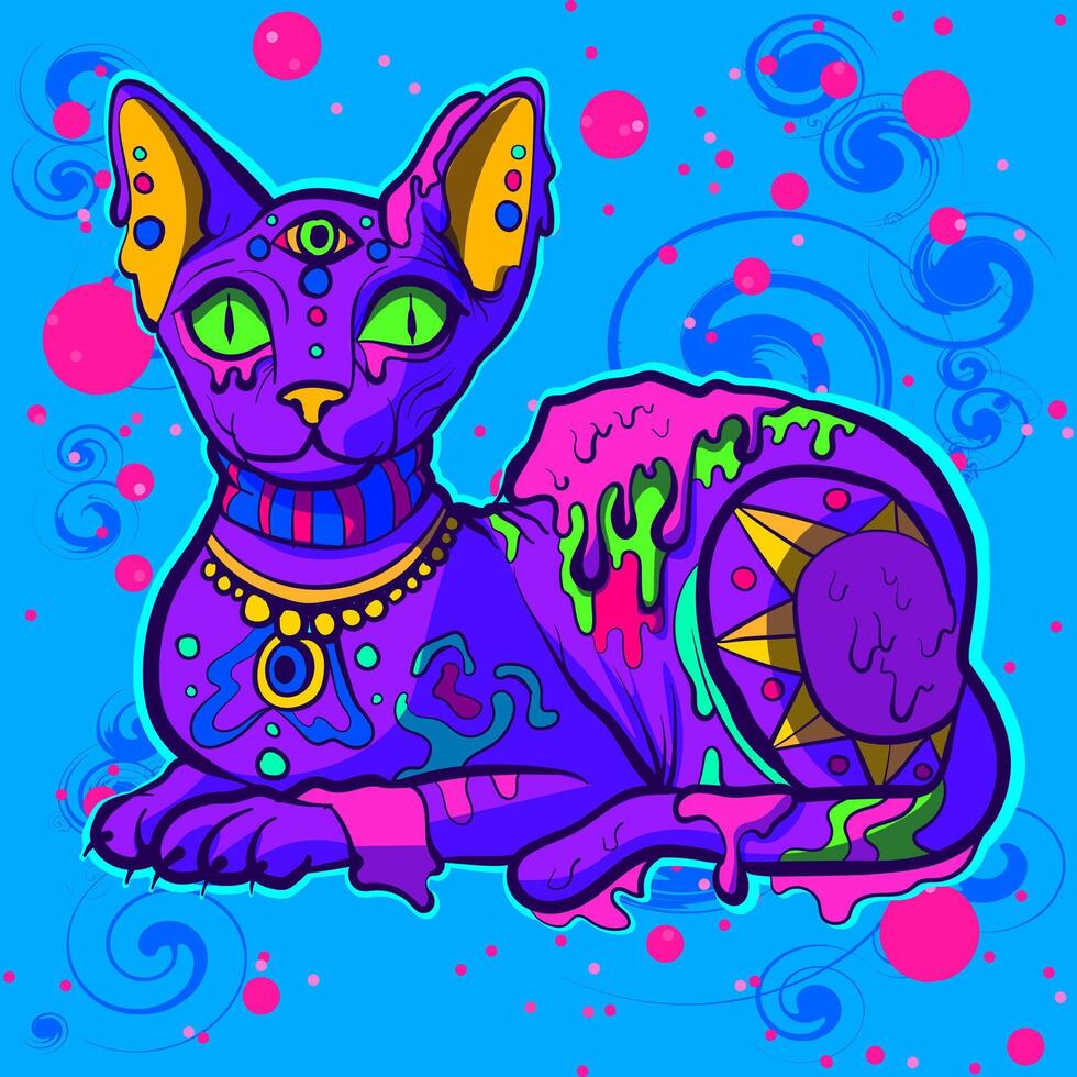 Acid psychedelic sphynx cat with purple skin and funky motifs. Stoned sphinx surrounded by slime. vector