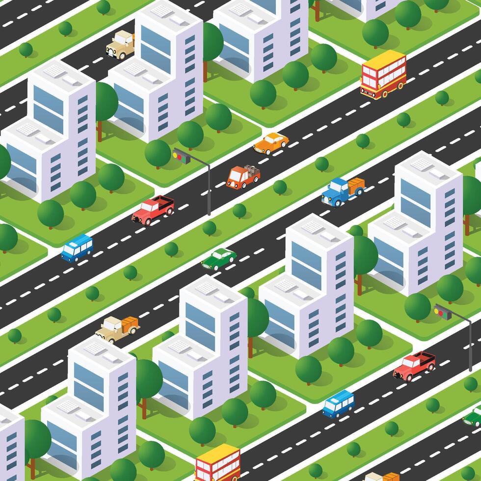 Isometric seamless pattern with cars and buildings on the road vector