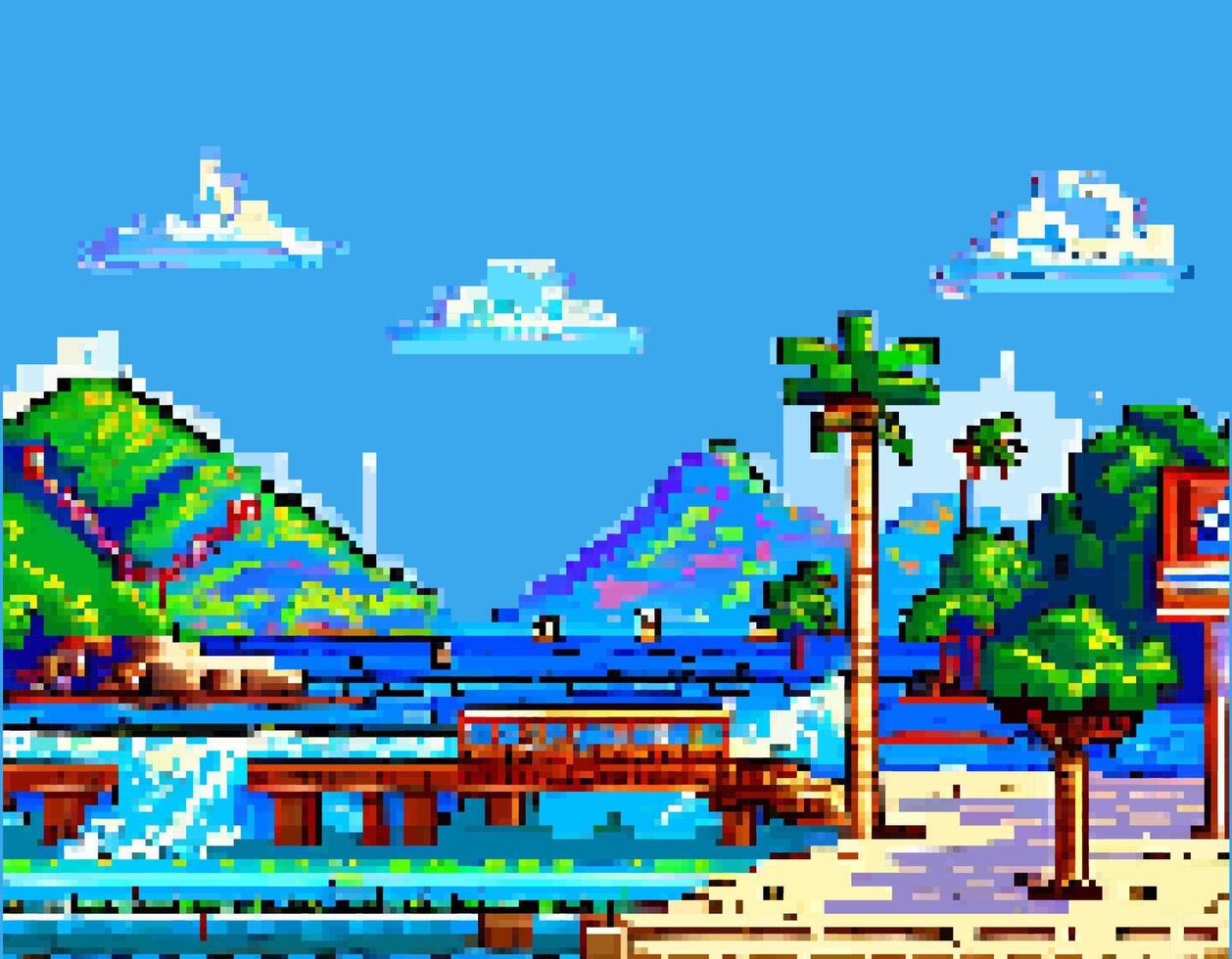 Pixel art of a beach scene with palm trees and a pier vector