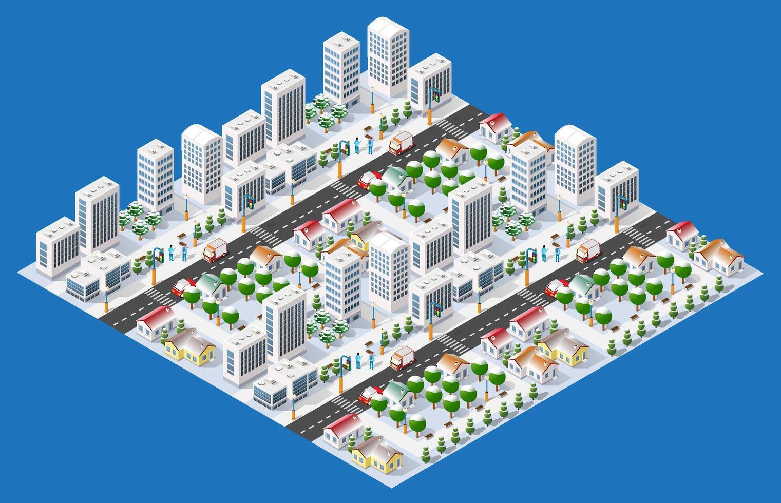 Isometric city with trees and buildings on a blue background vector