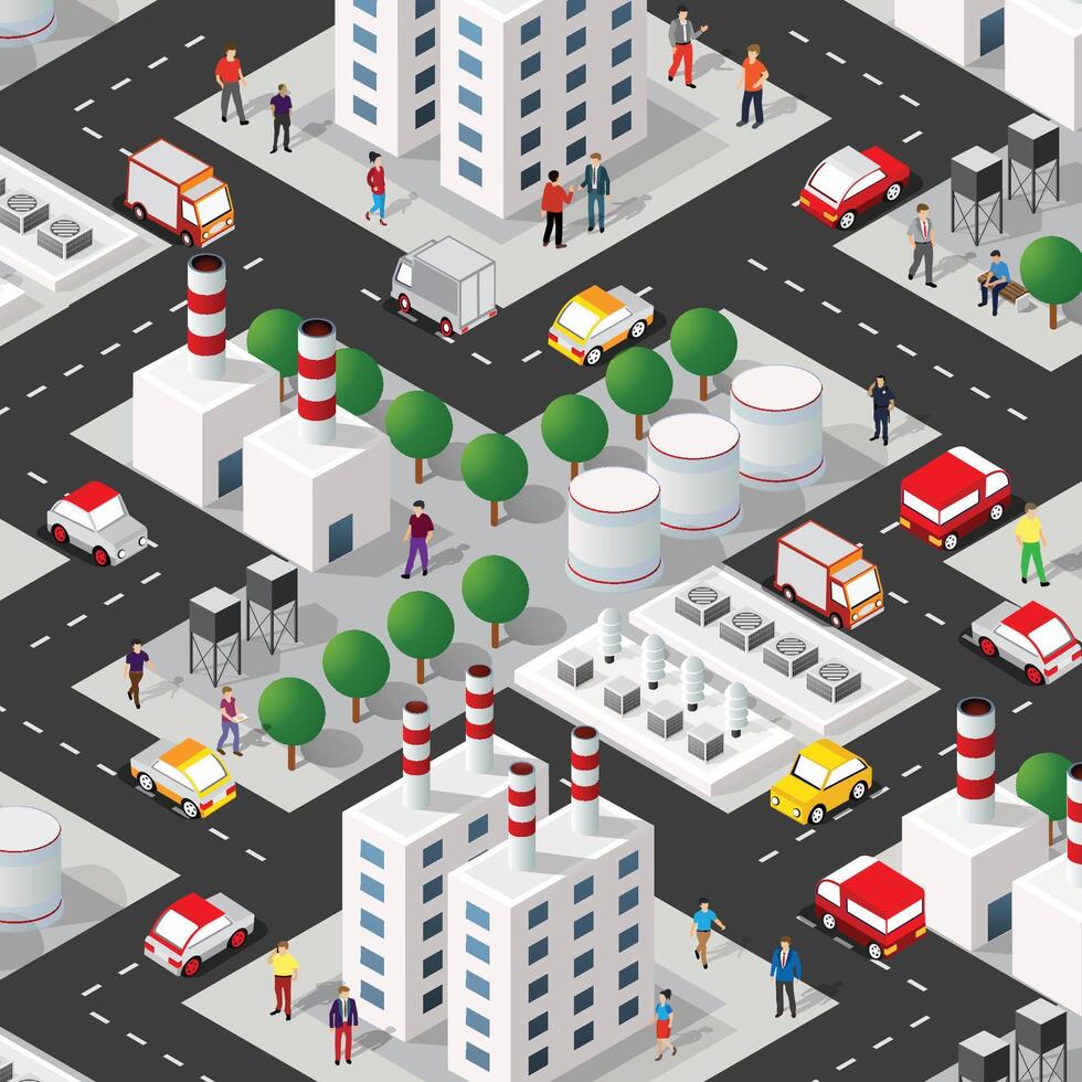 Isometric city with people and cars on the street. vector