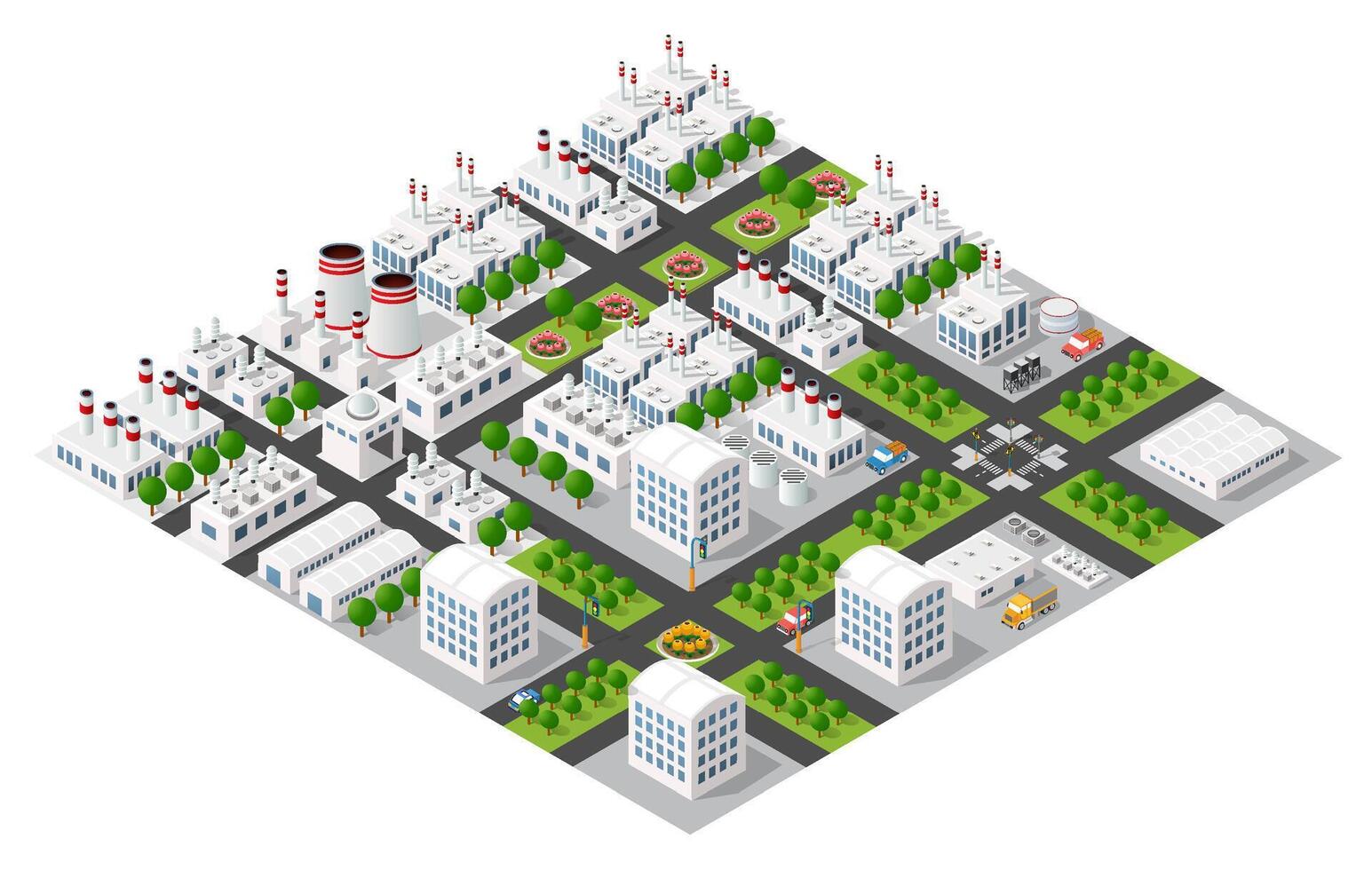Isometric city with factories, factories and buildings vector