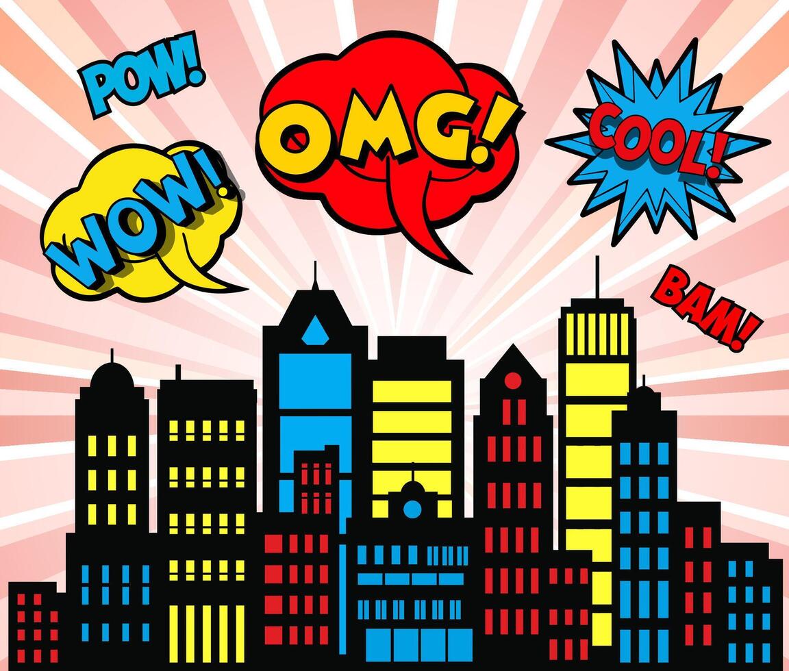 Comic book city with speech bubbles and buildings vector