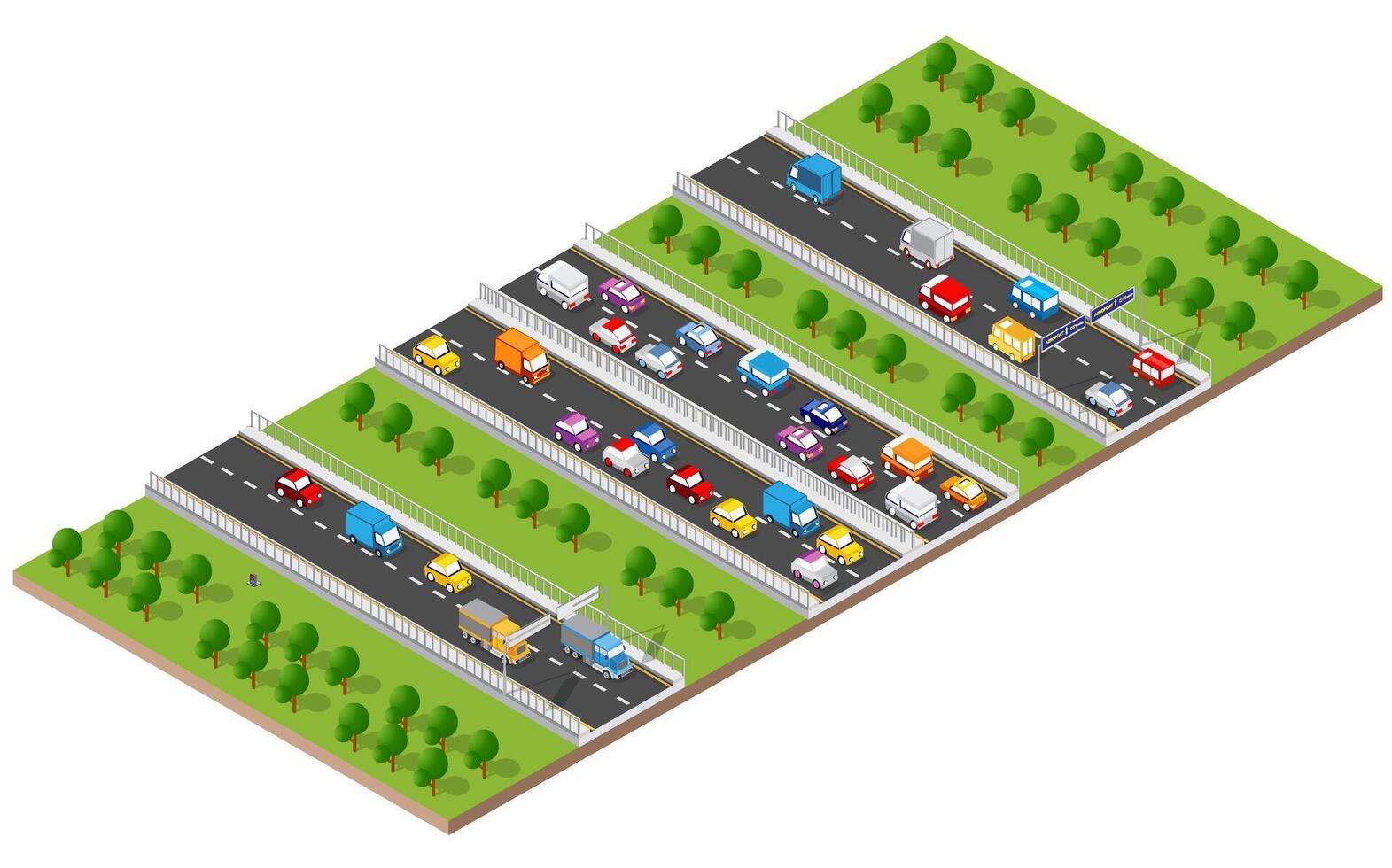 Isometric view of a road with cars and trucks vector