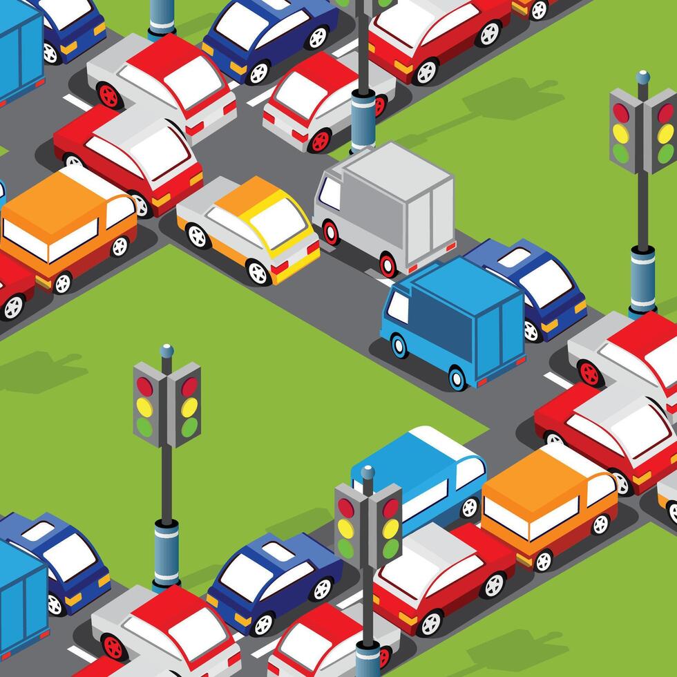 Traffic jam isometric illustration vector