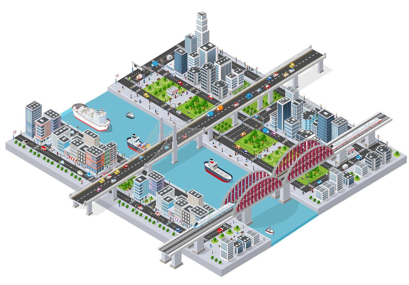 Isometric city with a bridge and a river vector