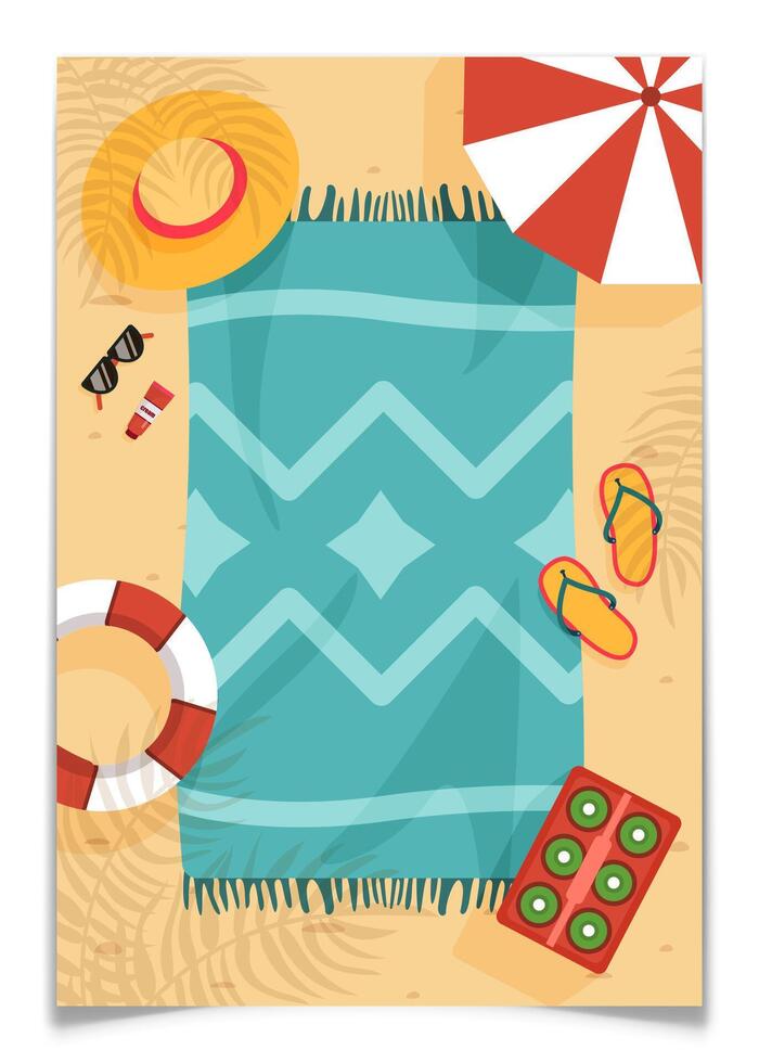 Summer Element and Towel on Sandy Beach Background vector