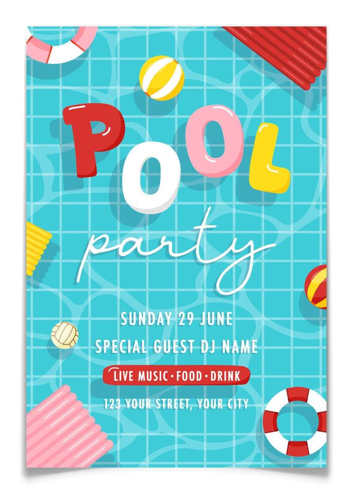 Pool party invitation poster design. Top view of swimming pool with swim rings, floats, balls and inflatables. Summer event announcement postcard. Blue water with waves. Flat illustration. vector