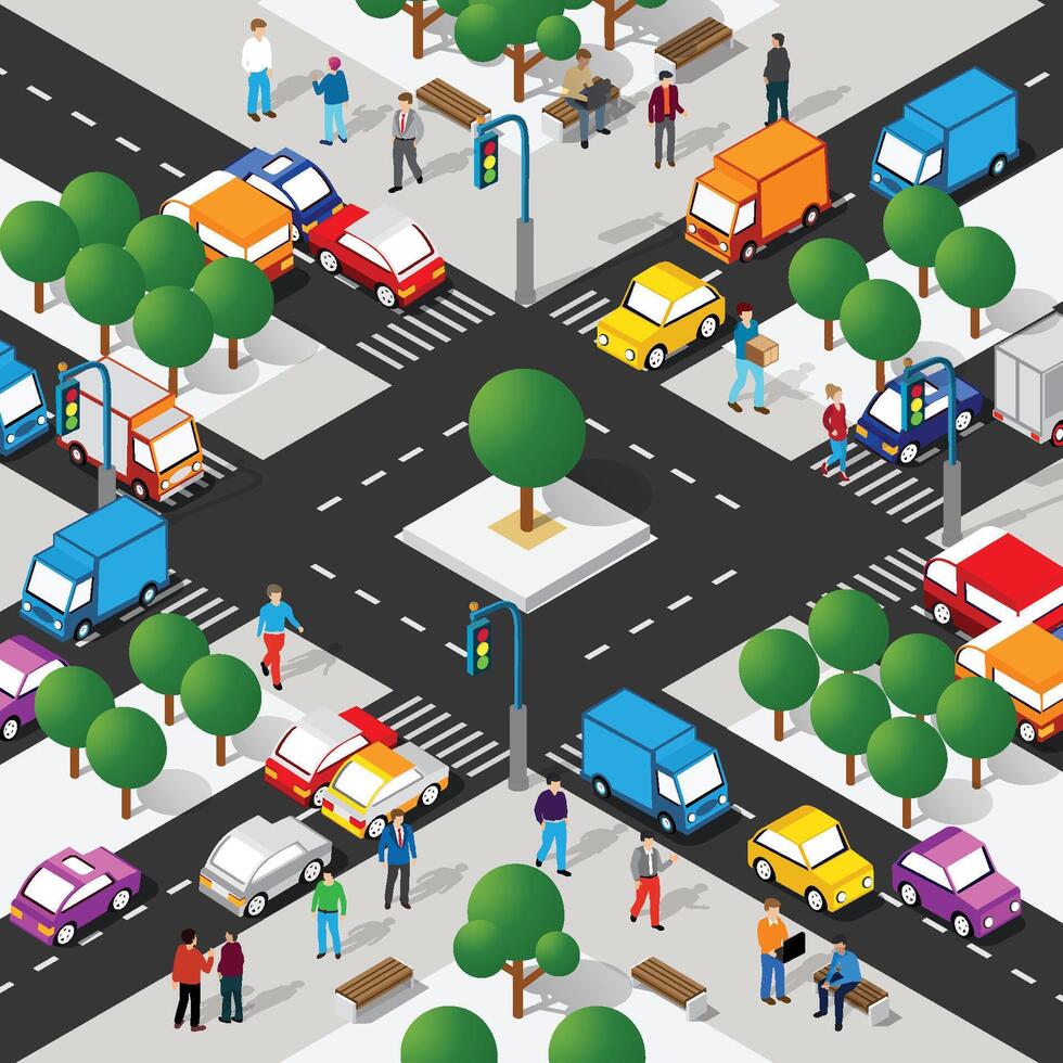Isometric illustration of traffic and pedestrians on a city street vector