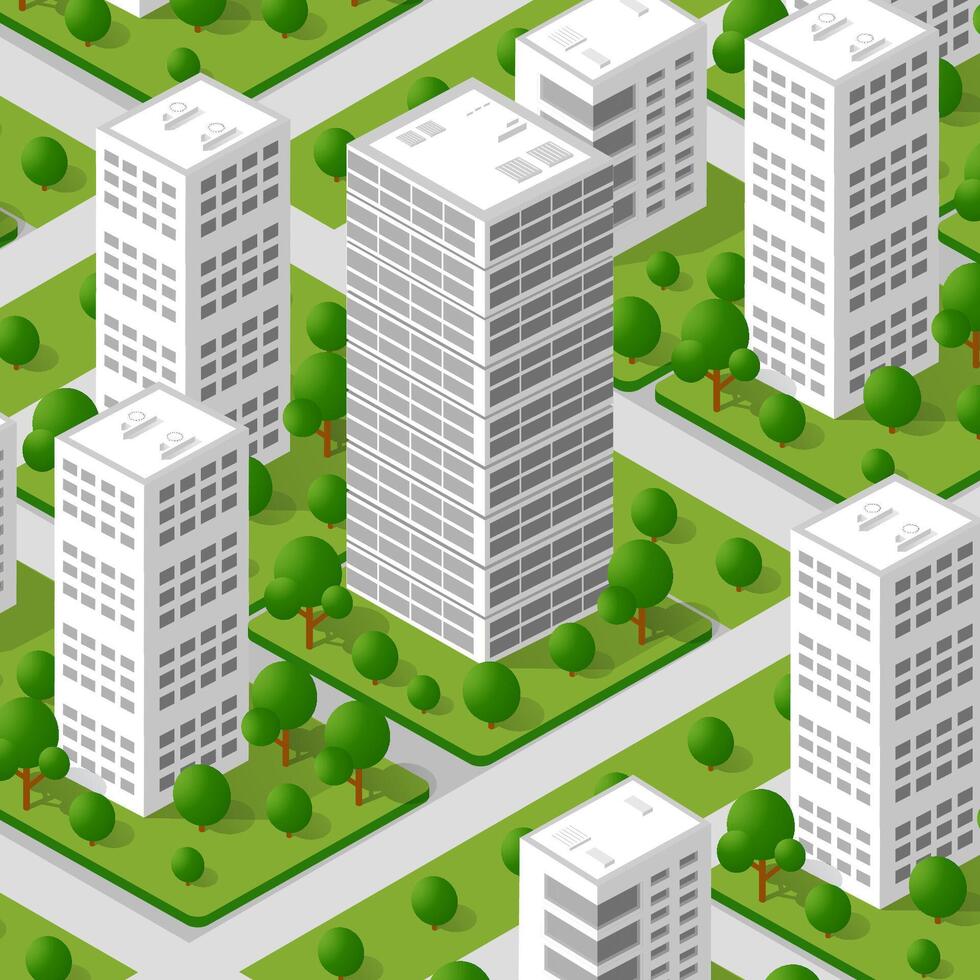 Isometric city with tall buildings and trees vector