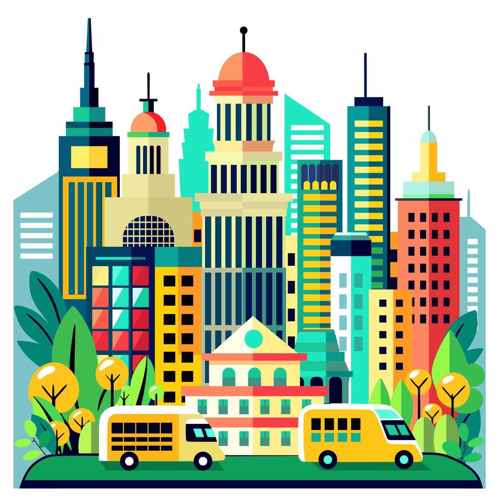 Cityscape with school buses and buildings vector
