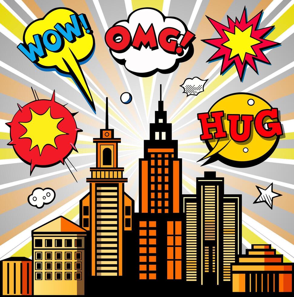 Comic city background with speech bubbles and buildings vector