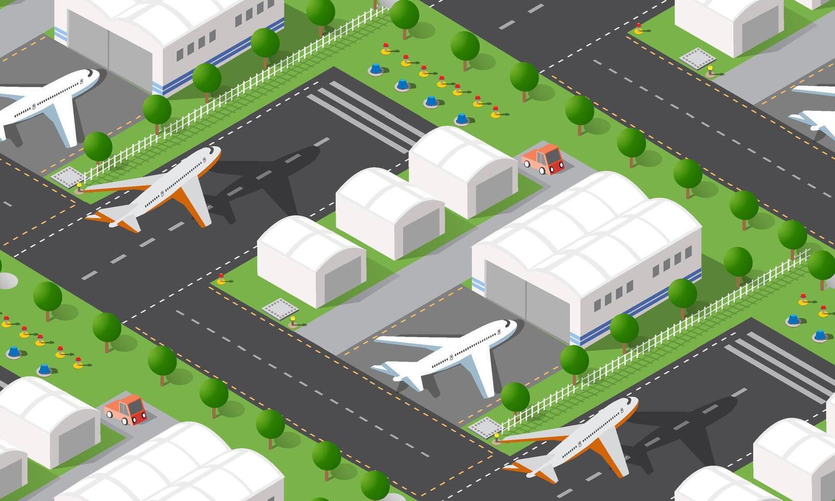 Airport isometric seamless pattern with airport terminal, airplanes and buildings vector