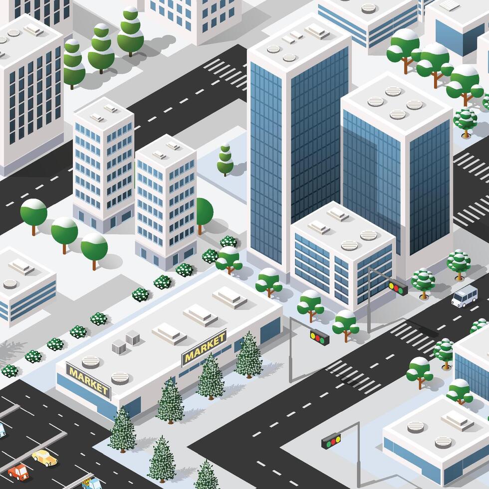 Isometric city with buildings, trees and cars vector