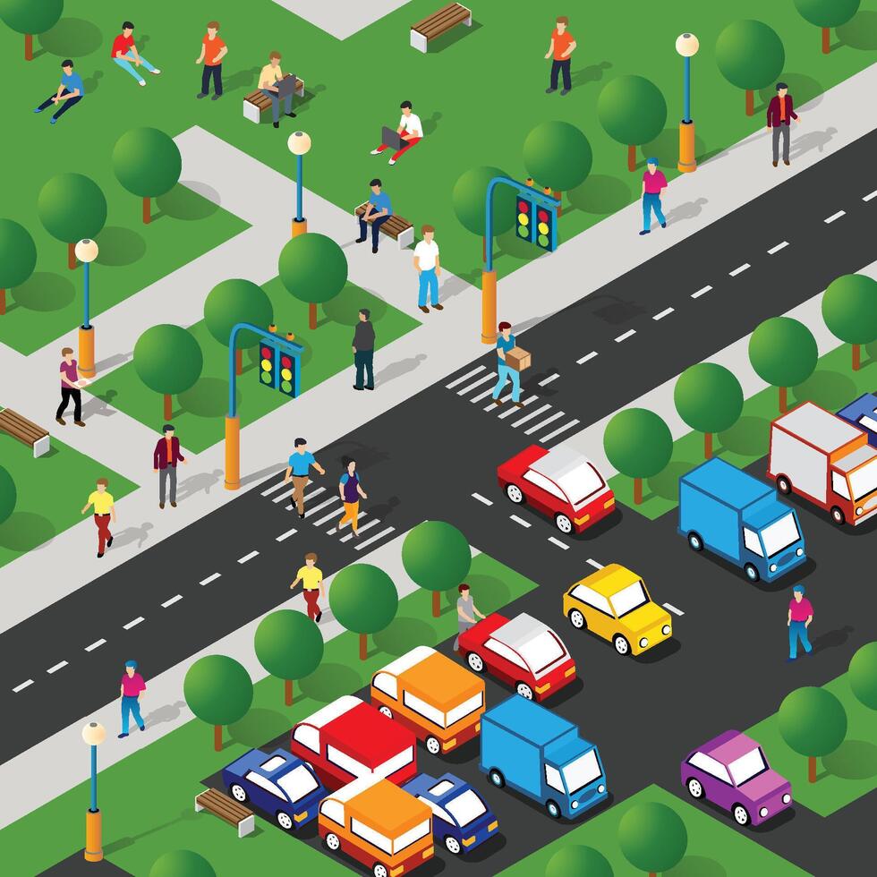 Isometric city street with people and cars. vector