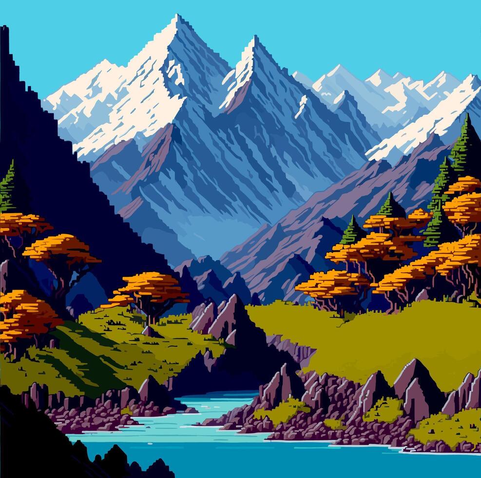 An old style pixel art painting of a mountain range vector