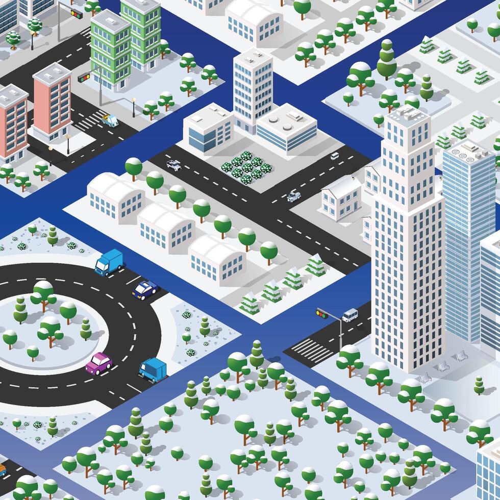 Isometric city with trees, buildings and roads. vector