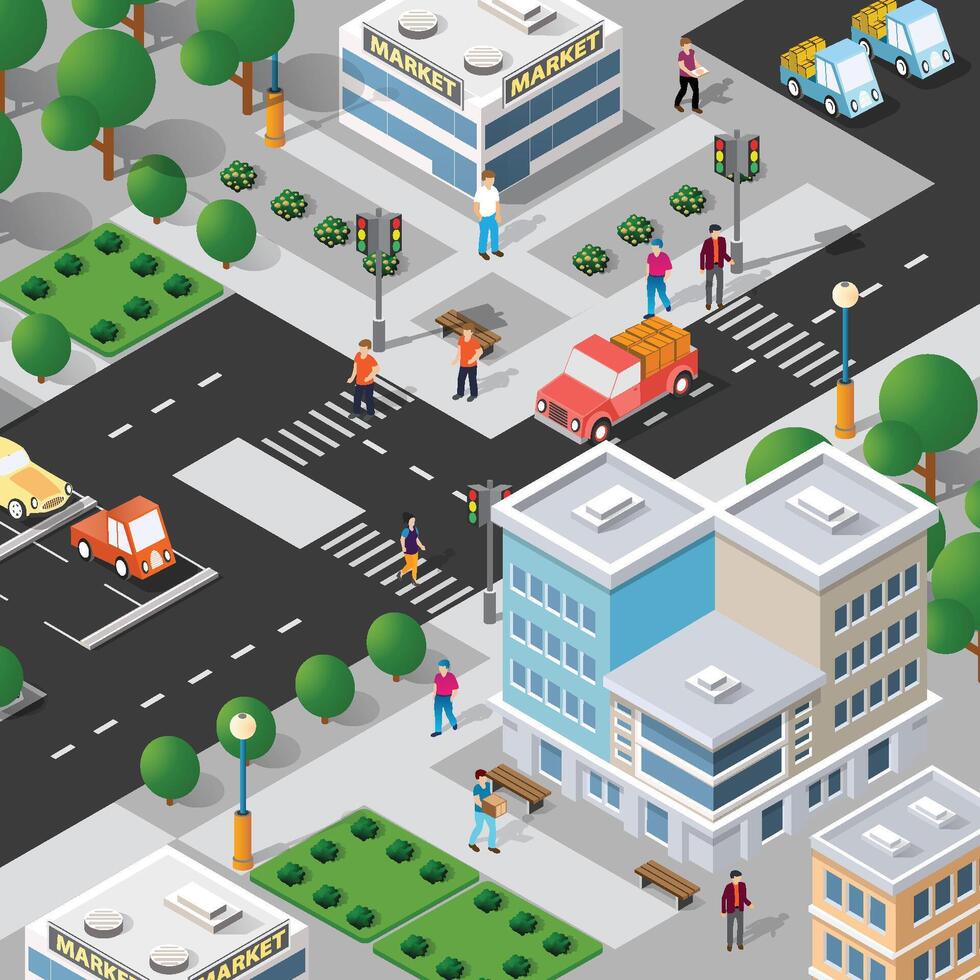 Isometric city street with people walking and cars driving vector