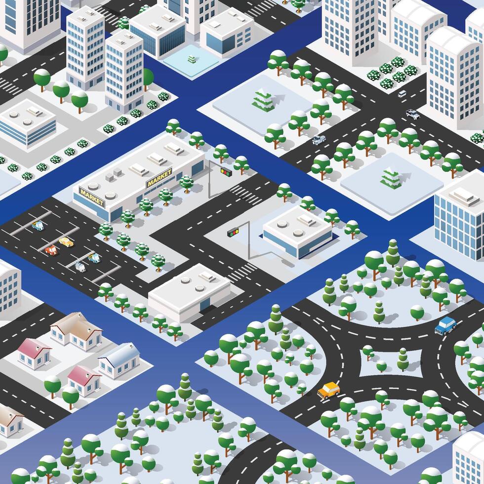 Isometric city with buildings, trees and roads. vector