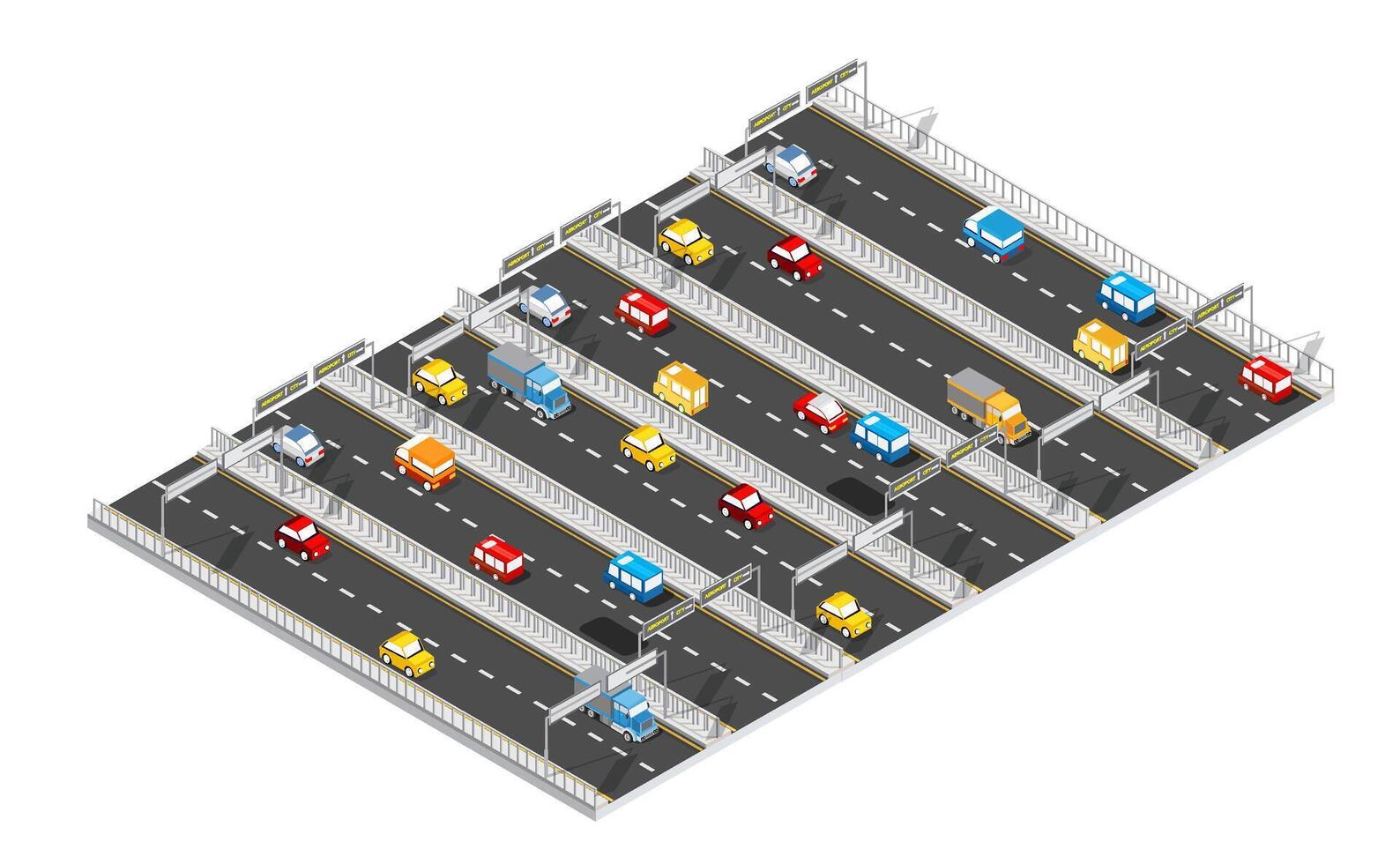 Isometric view of a highway with cars and trucks vector