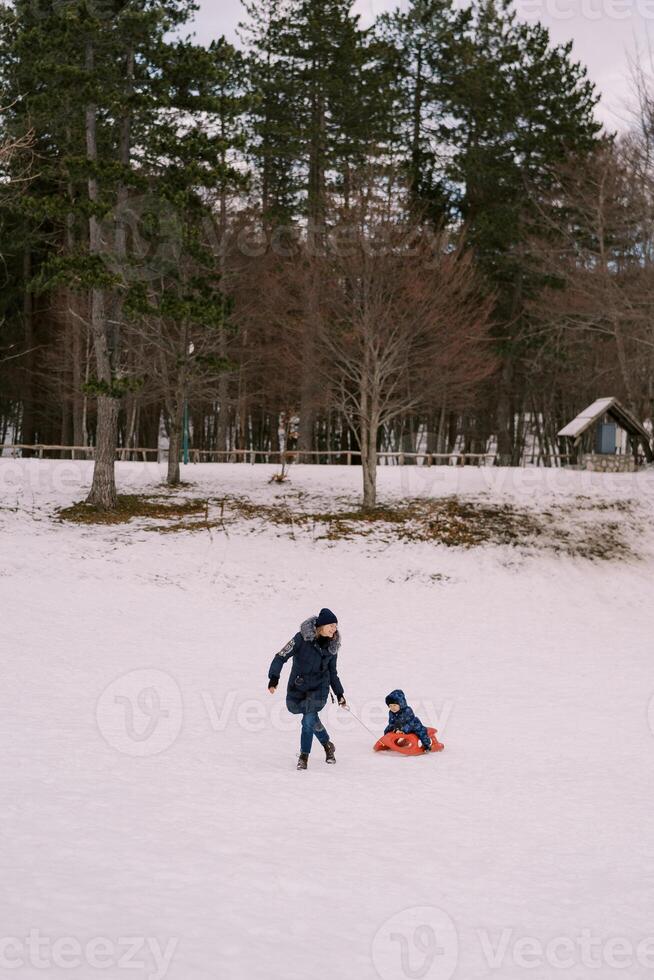 Laughing mother drags a small child on a sled along the edge of the forest. Side view photo