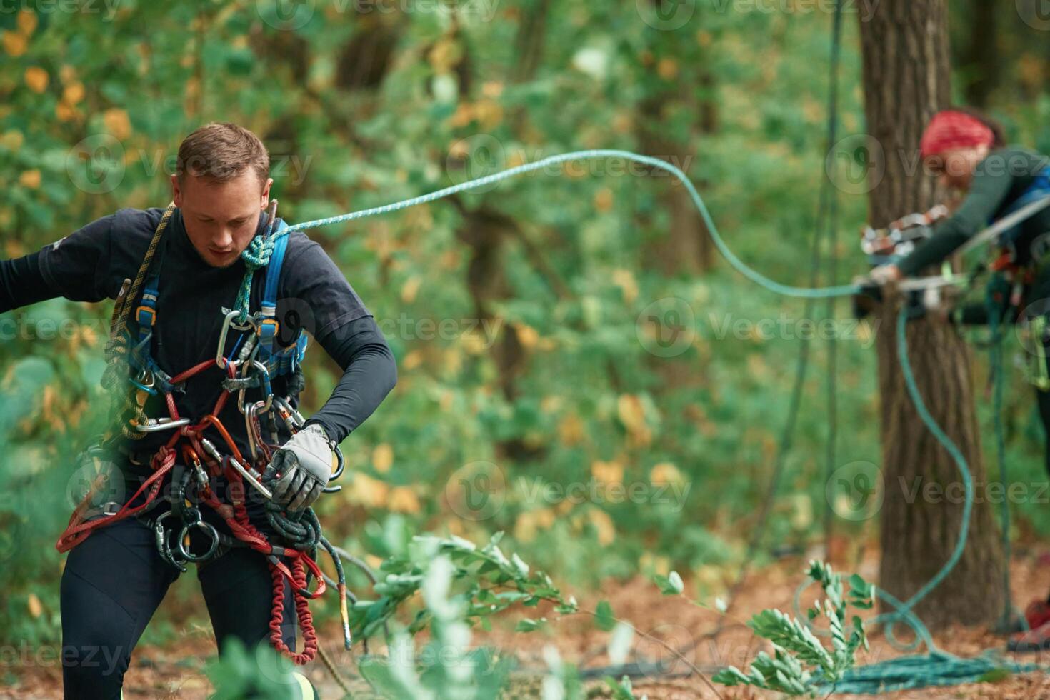 Preparing ,the, ropes. Man and woman doing climbing in forest with use of safety equipment photo