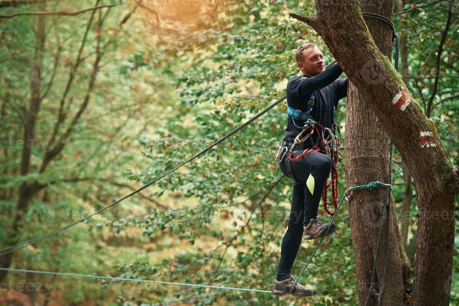 Process ,of ,preparing. Man is doing climbing in the forest by use of safety equipment photo