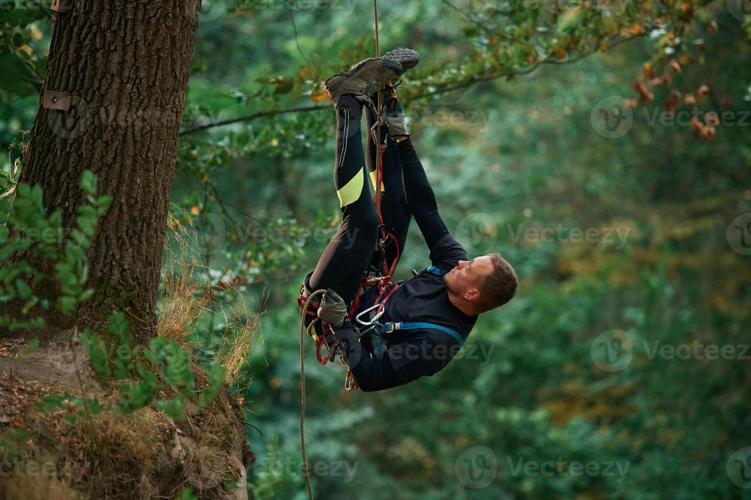 Hanging on a rope. Man is doing ,climbing, in the forest by use of safety equipment photo
