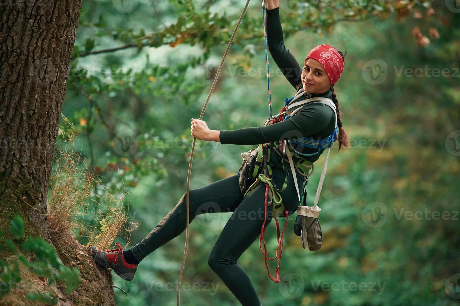 In sportive, clothes, high up on the rope. Woman is doing climbing in the forest by the use of safety equipment photo