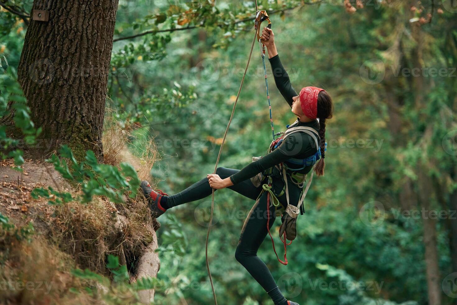 View from, the side, hanging on the rope. Woman is doing climbing in the forest by the use of safety equipment photo