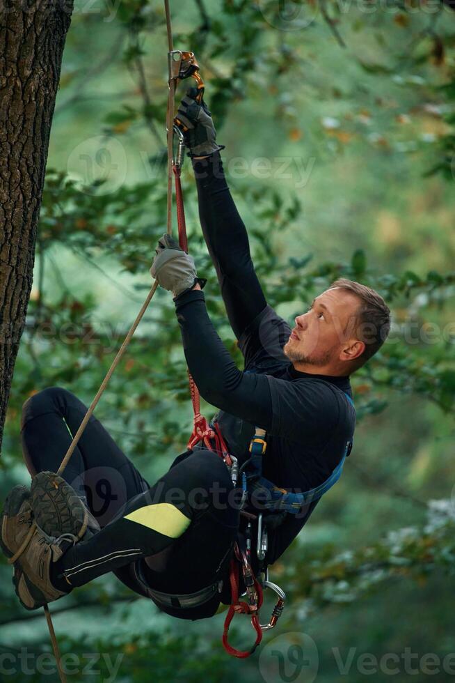 Side,, view, using the rope, hanging. Man is doing climbing in the forest by use of safety equipment photo