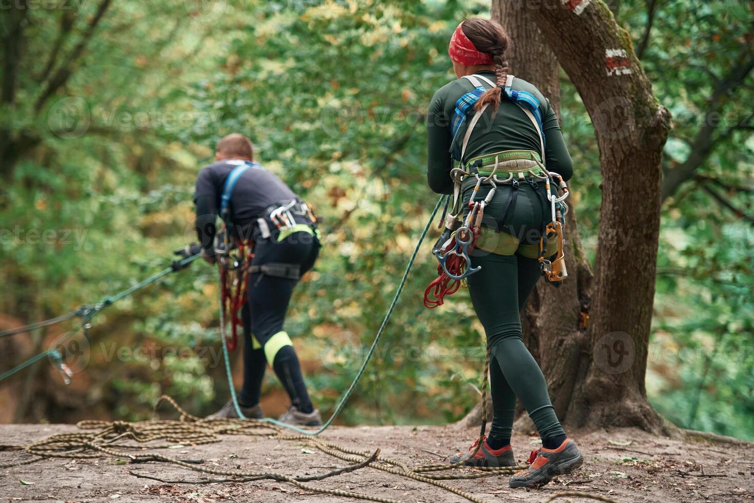 Setting up the ropes.. Man, and woman doing climbing in forest with use of safety equipment photo